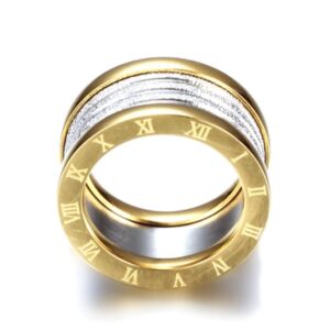 Anel Triplo Romano Faixa Dourada e Prateada Texturizada