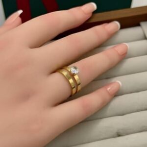 Anel Duplo Solitário Dourado Alta Joalheria Zircônia