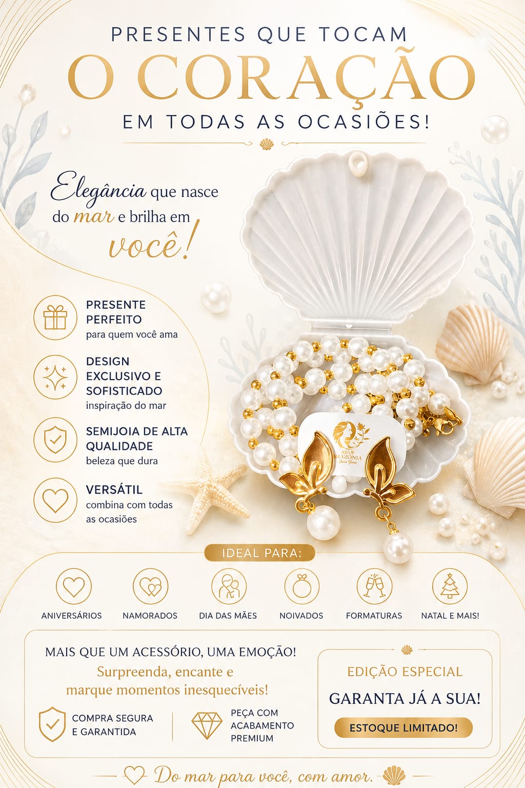 Kit Jóias de Pérolas - Porta-joias de Concha, Anel, Brinco, Colar, Pulseira, Tornozeleira + Mimos - Imagem 2